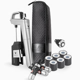 Coravin wine tool set with a silver opener, black storage case, gas cartridges, and wine preservation accessories.