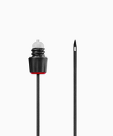 Black and silver needle with a plastic cap and a red base, showcasing a fine point and a hole for threading.