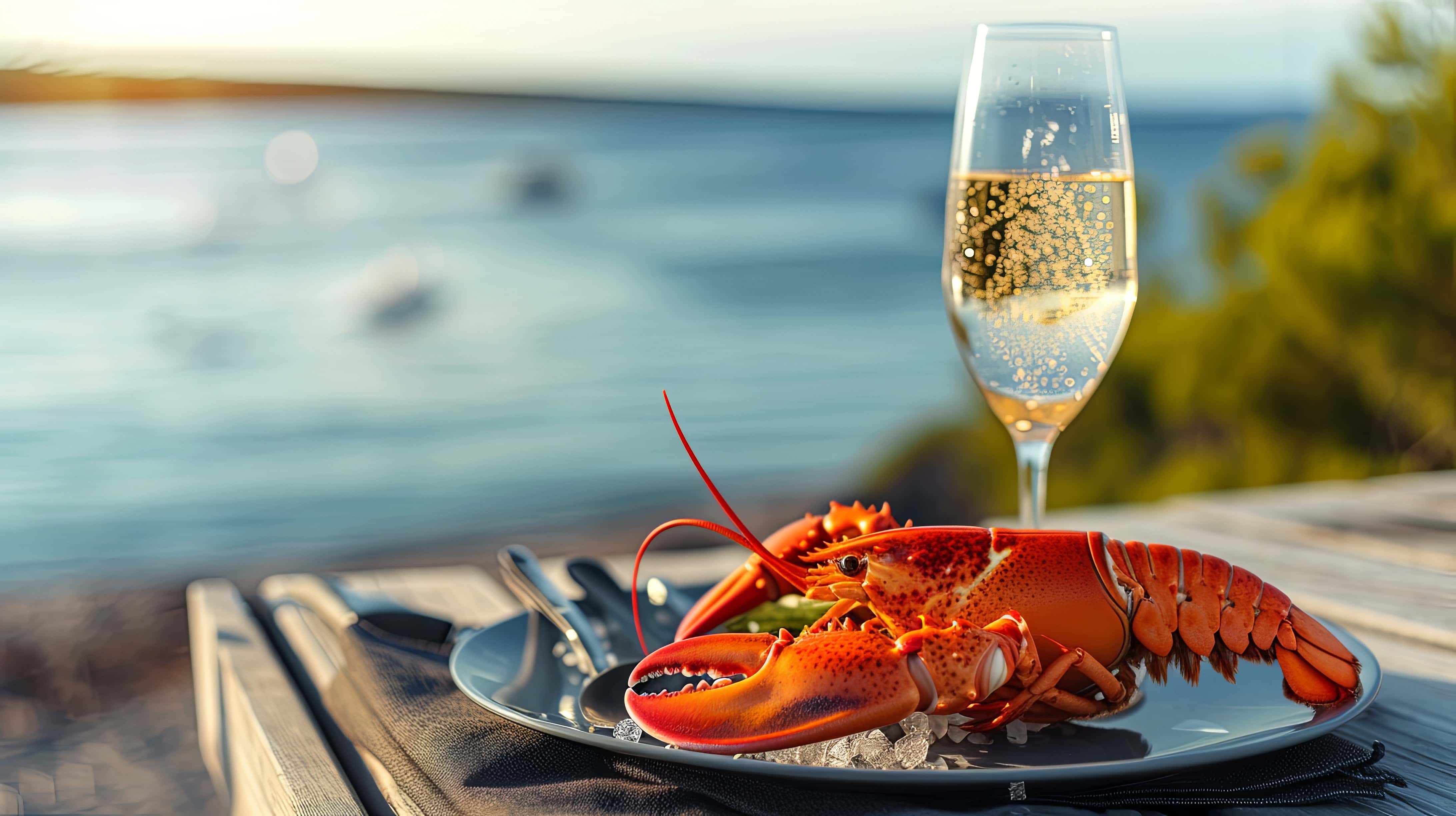 Fresh lobster served on a bed of ice alongside a glass of sparkling wine, set on a seaside table with ocean views at sunset.