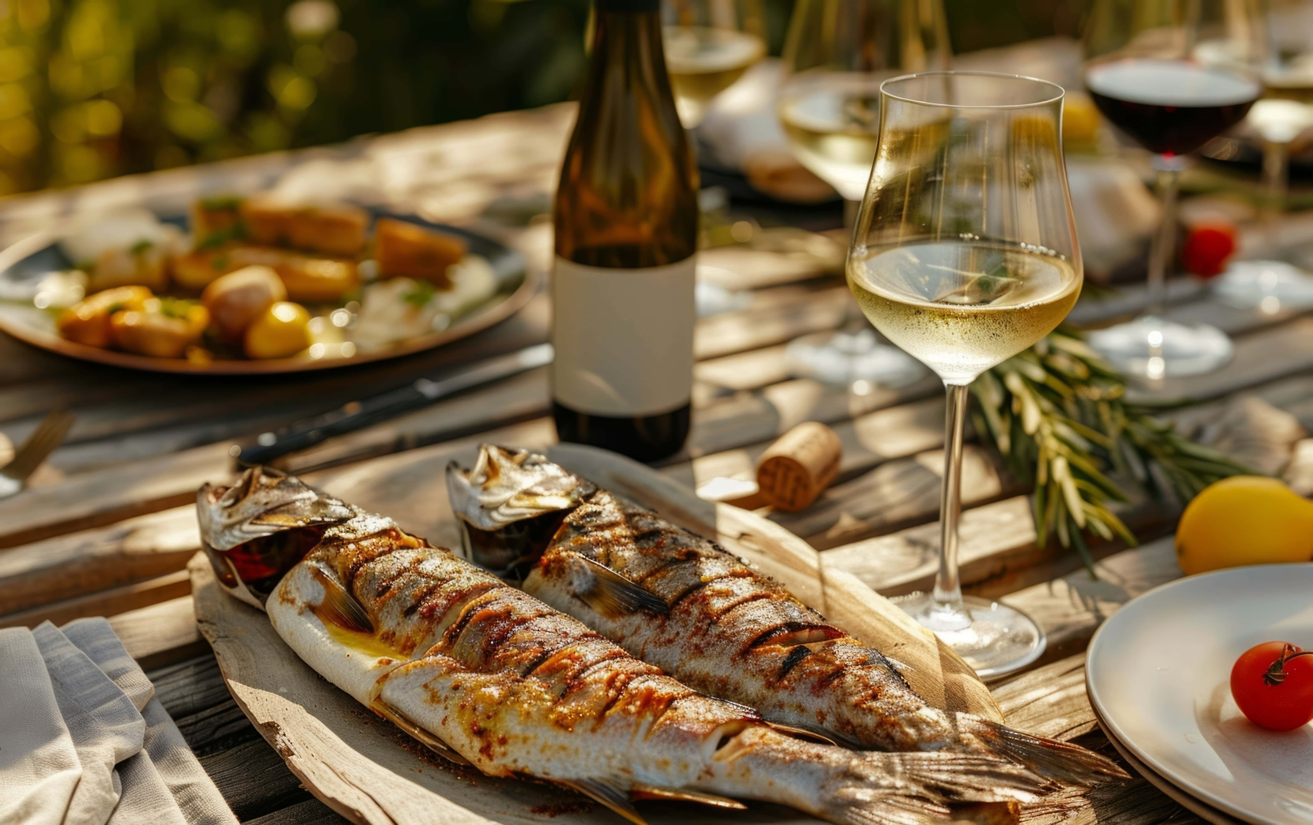 Grilled whole fish served on a rustic wooden platter alongside a glass of chilled white wine on an outdoor wooden table, surrounded by plates of food and wine glasses in a sunny al fresco dining setting.
