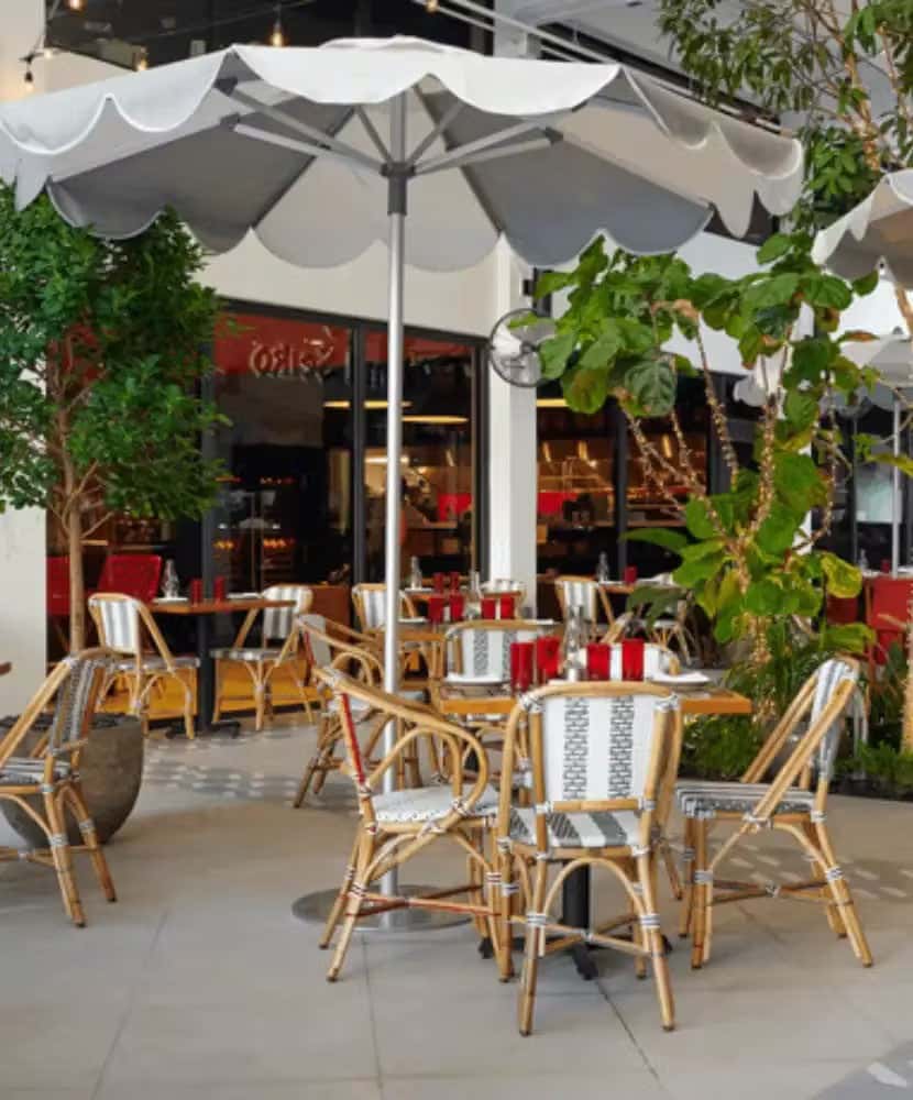 Outdoor café patio with wicker chairs and wooden tables under large white umbrellas, surrounded by lush green potted plants and adjacent to a modern restaurant entrance.