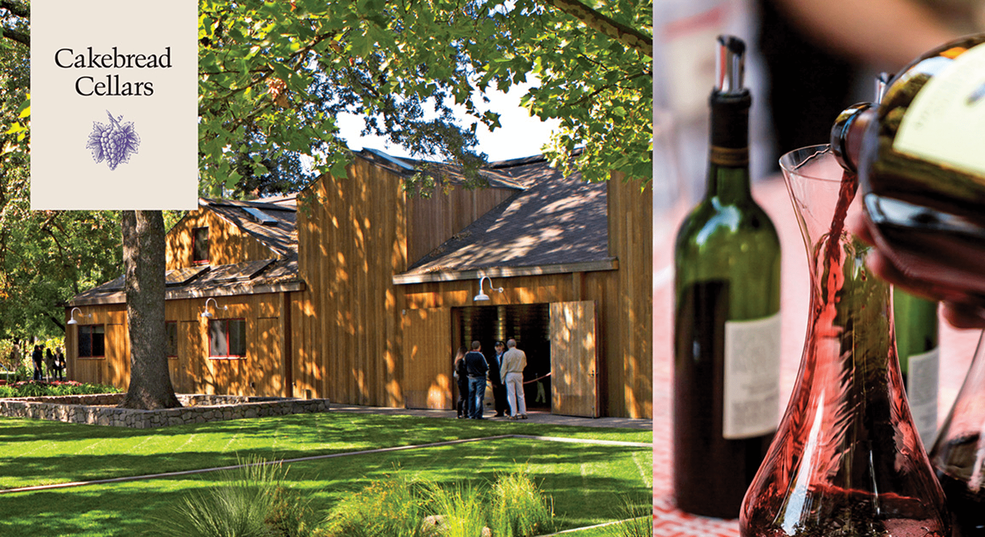 Cakebread Cellars winery entrance with visitors and a close-up of red wine being poured into a decanter, showcasing Napa Valley hospitality and fine wine craftsmanship.