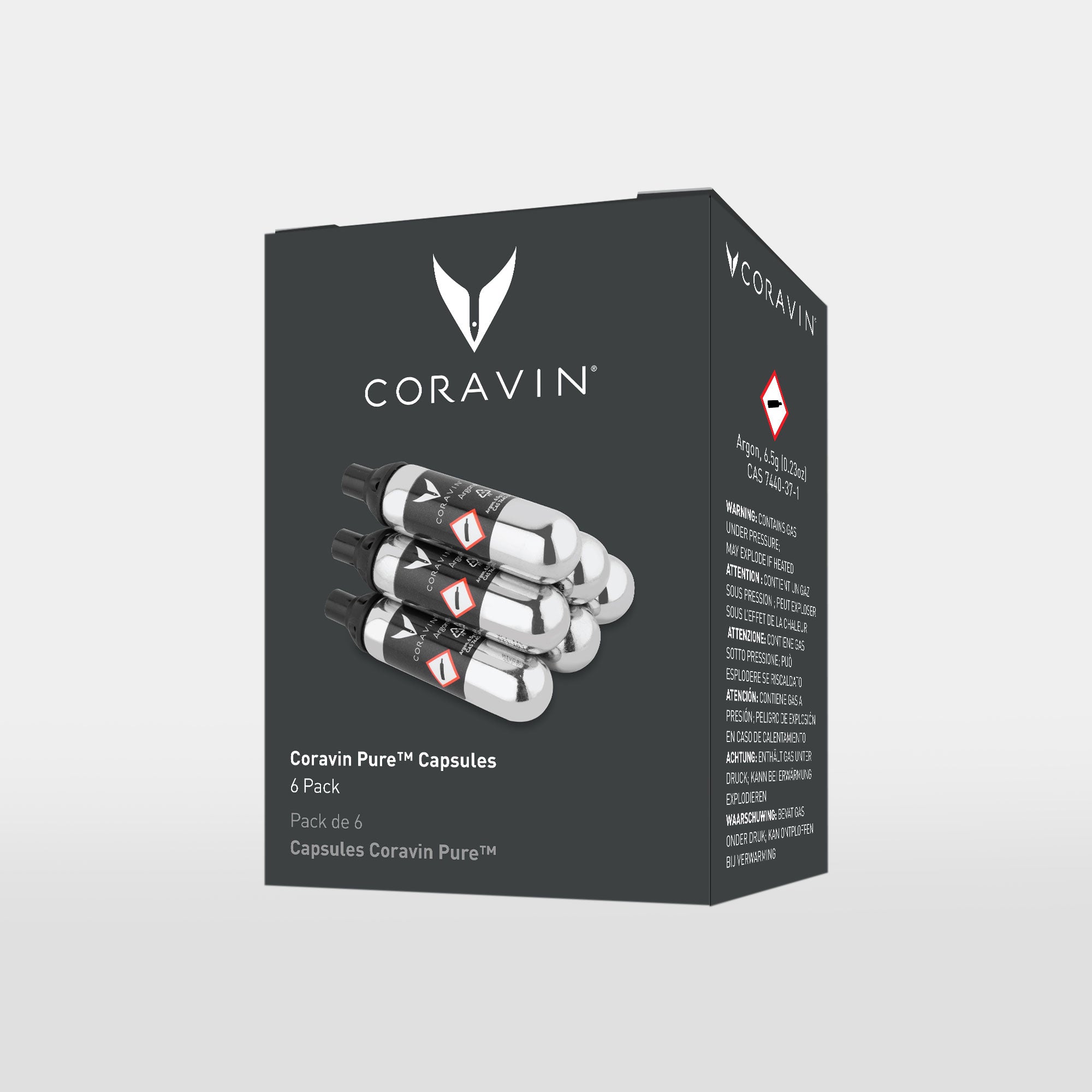 Coravin Pure™ capsules pack containing six canisters, labeled with safety warnings and product details.