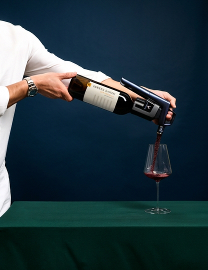 A person in a white shirt uses a Coravin to pour red wine from a bottle into a wine glass, set against a dark blue background and a green tablecloth.